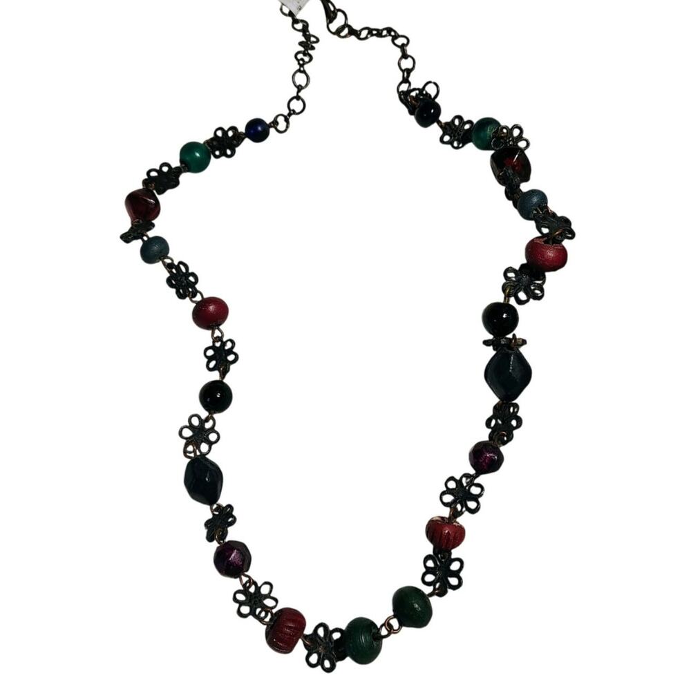 Vintage Floral Charms Multi Color Glass Beads Single Strand Necklace Black Metal